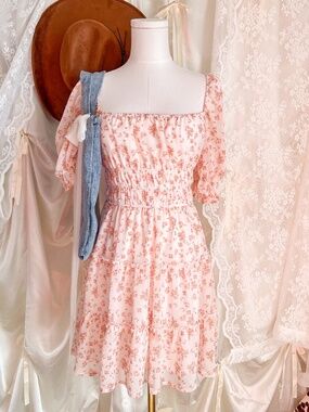 Soft Girl Cottagecore Pink Floral Smocked Tiered Mini Dress